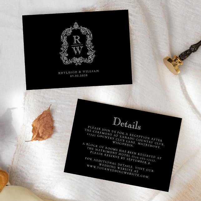 Cartão De Informações Detalhes do Casamento Branco e Preto do Monograma  (Criador carregado)