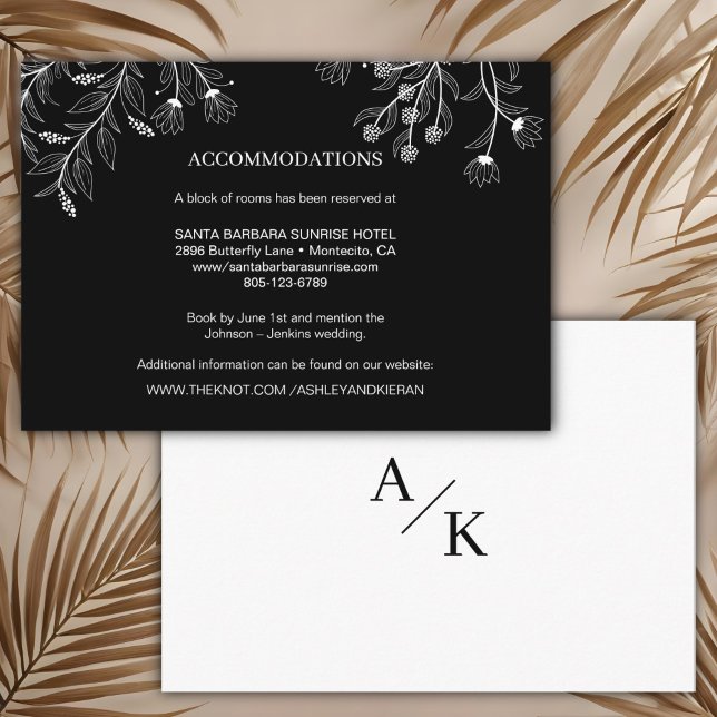 Cartão De Informações Detalhes do Casamento Branco e Preto Floral Elegan (Criador carregado)