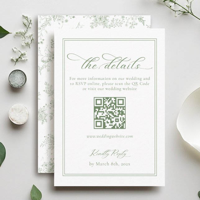 Cartão De Informações Detalhes do Casamento Branco e Verde Código Qr (Criador carregado)
