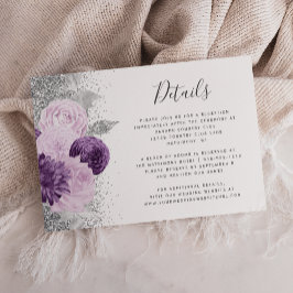 Cartão De Informações Detalhes do Casamento Branco Floral de Prata Roxa