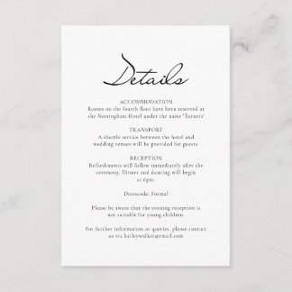 Cartão De Informações Detalhes do Casamento Branco Minimalista de Script