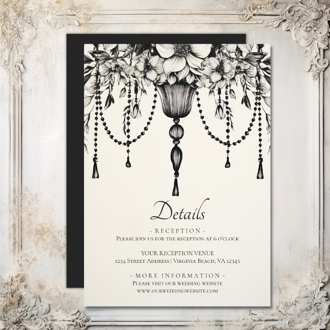 Cartão De Informações Detalhes do Casamento Branco Negro Chandelier Flor (Floral Chandelier Black White Wedding Details Enclosure Card)