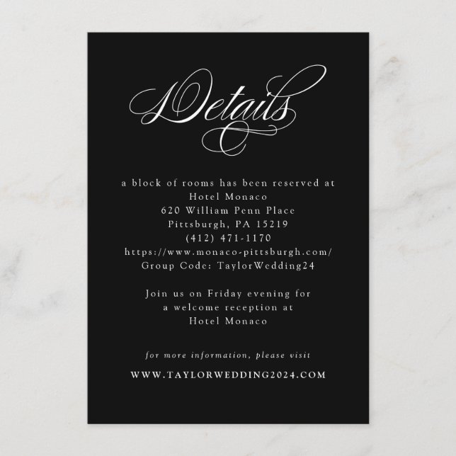 Cartão De Informações Detalhes do Casamento Branco Negro da Caligrafia E (Frente)
