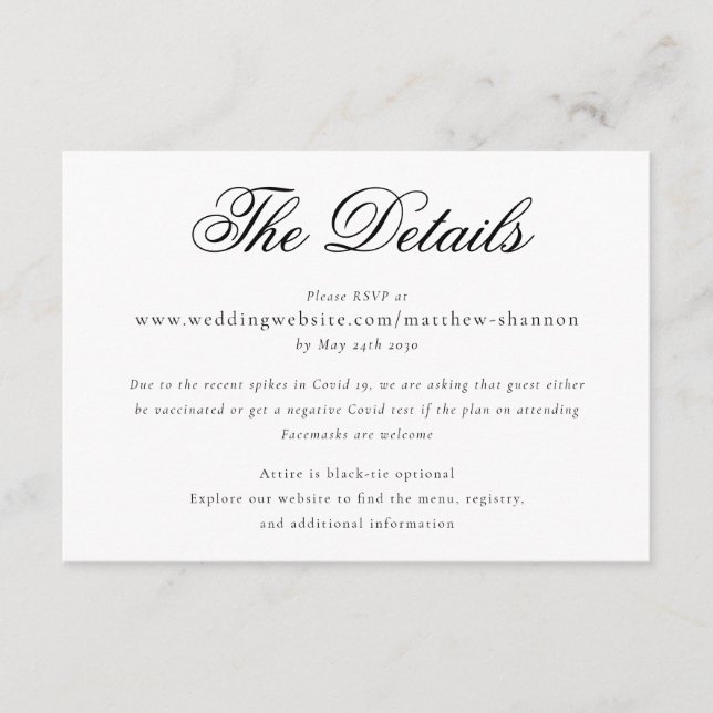 Cartão De Informações Detalhes do Casamento Branco Preto do Script Elega (Frente)