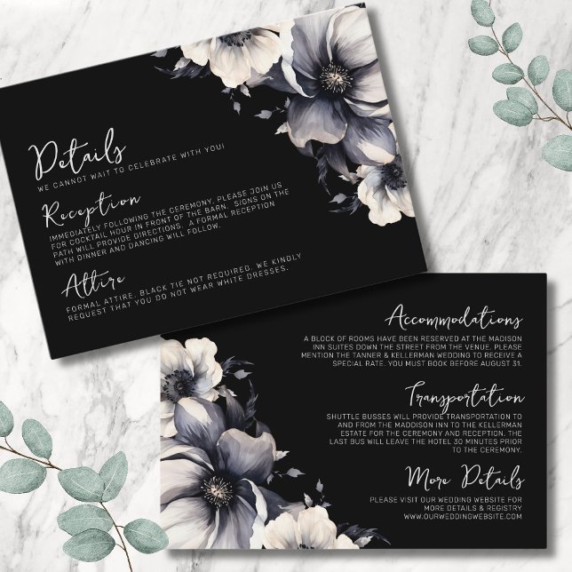 Cartão De Informações Detalhes do Casamento Branco Preto Floral com Scri (Details Elegant Script Floral Black White Wedding Enclosure Card)