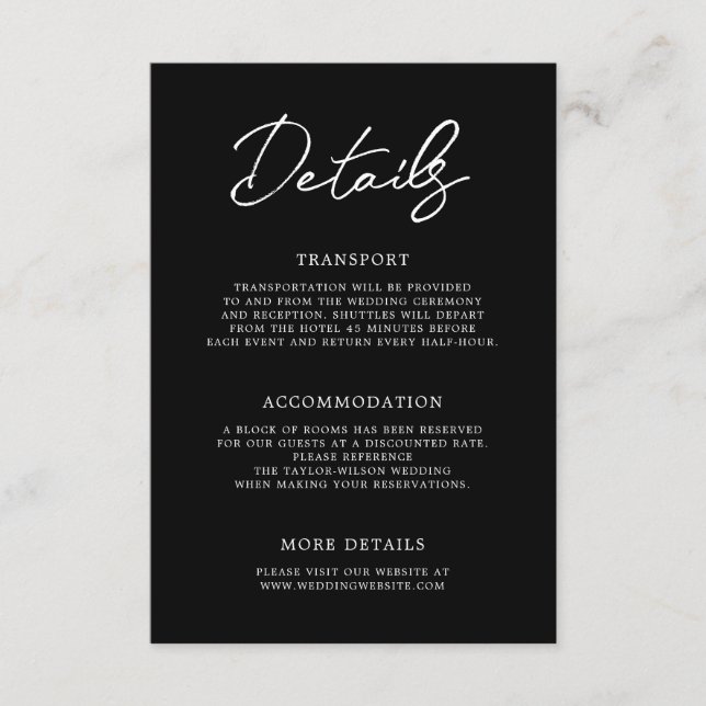 Cartão De Informações Detalhes do Casamento Branco Preto Moderno Contemp (Frente)