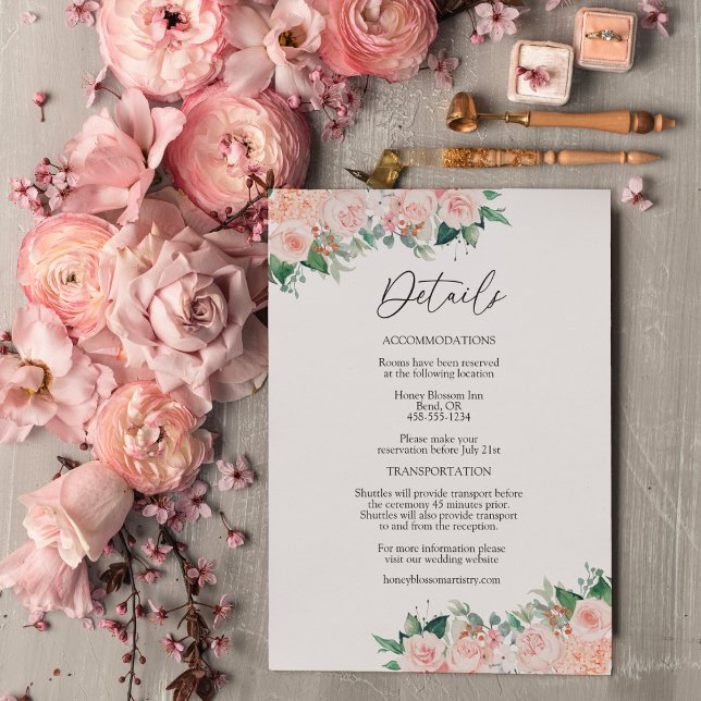 Cartão De Informações Detalhes do Casamento Branco Simples Blush Floral (Criador carregado)