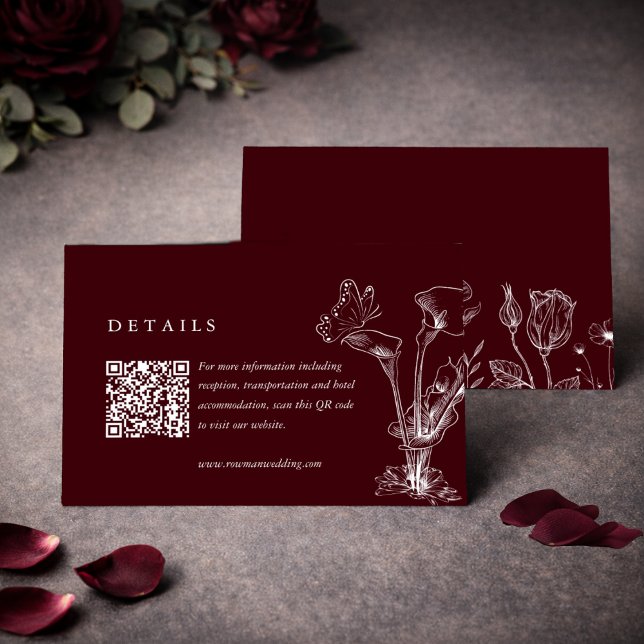 Cartão De Informações Detalhes do Casamento Burgundy Floral Elegante Cód (Criador carregado)