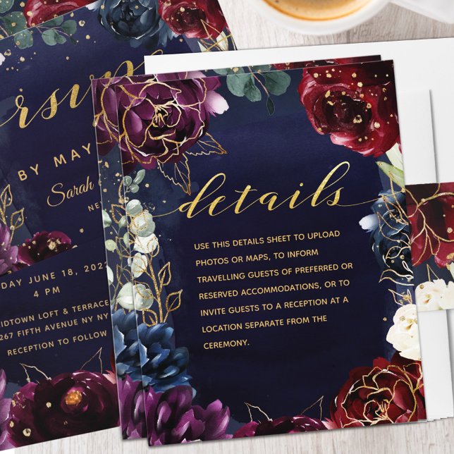 Cartão De Informações Detalhes do Casamento Burgundy Navy II Enclosure (Criador carregado)