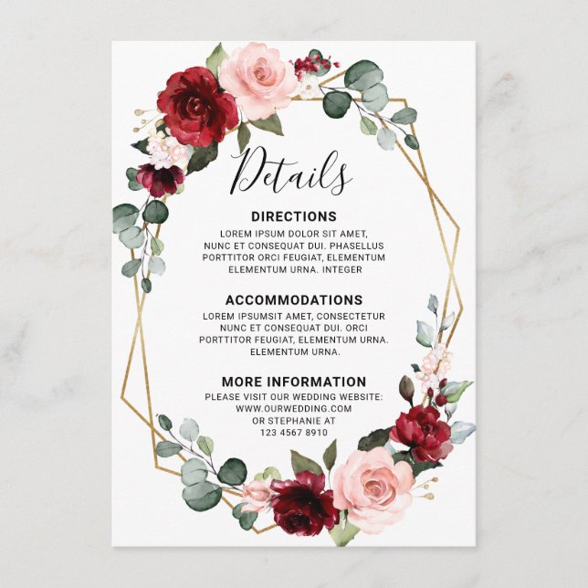 Cartão De Informações Detalhes do Casamento Burgundy Wine Azul Desbotado (Frente)