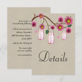 Cartão De Informações Detalhes do Casamento Burlap Pink Floral Mason Jar