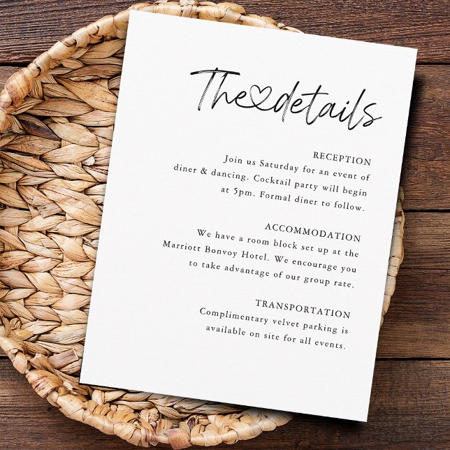 Cartão De Informações Detalhes do Casamento Cardíaco da Caligrafia Elega (Elegant Calligraphy Heart Wedding Details Enclosure Card)