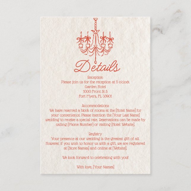 Cartão De Informações Detalhes do Casamento Chandelier Desenhado na Mão  (Frente)