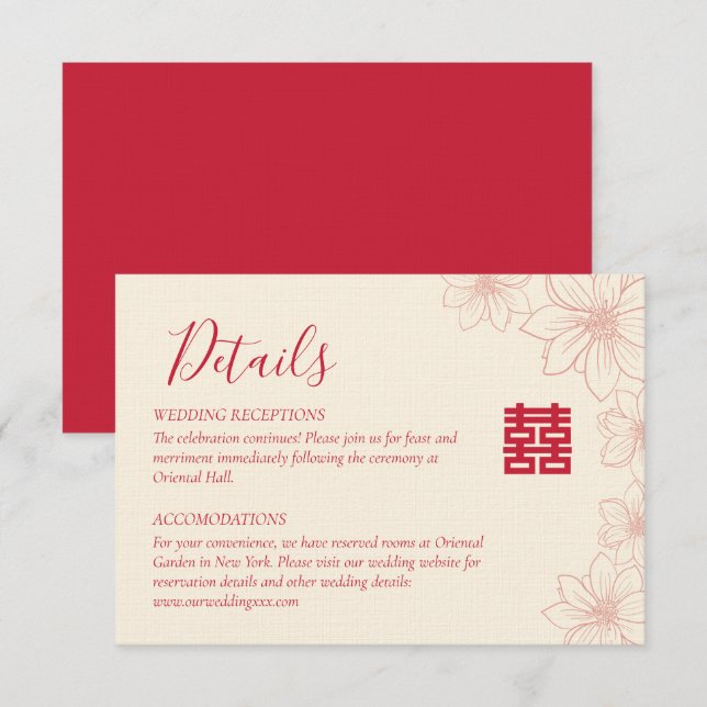 Cartão De Informações Detalhes do casamento chinês floral vermelho e beg (Frente/Verso)
