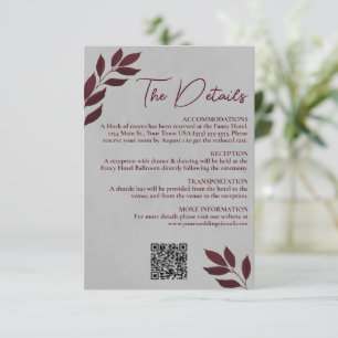 Cartão De Informações Detalhes do Casamento Cinza Burgundy com Folhas do