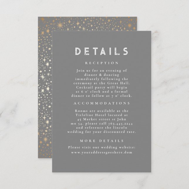 Cartão De Informações Detalhes do Casamento Cinza Celestial Noite Estrel (Frente/Verso)