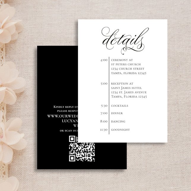 Cartão De Informações Detalhes do casamento Código QR Preto e Linha do T (Simple black and white wedding details enclosure card with scannable QR Code. )