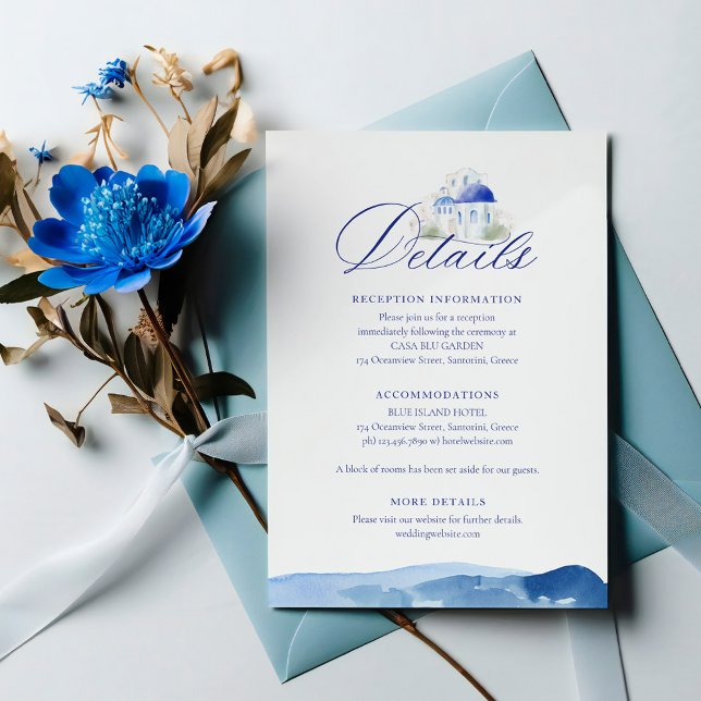 Cartão De Informações Detalhes do Casamento com Aquarela da Grécia Santo (Santorini Greece Watercolor Wedding Details Enclosure Card)