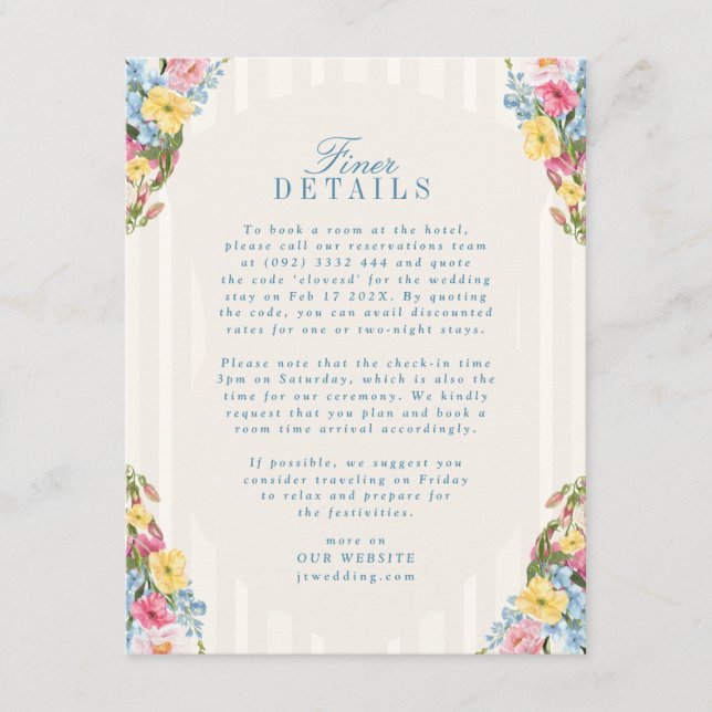 Cartão De Informações Detalhes do casamento com Buquê Floral Vintage Azu (Frente)