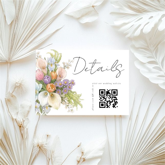 Cartão De Informações Detalhes do casamento com código QR em branco flor (Criador carregado)