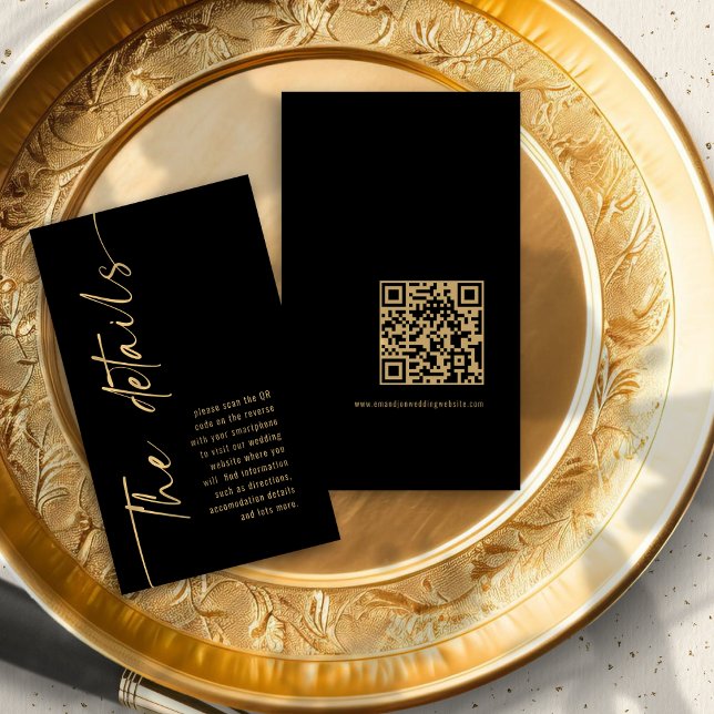 Cartão De Informações Detalhes do Casamento com Código QR em Preto e Dou (Front and back view)