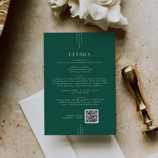 Cartão De Informações Detalhes do Casamento com Código QR EVERLY Art Dec (EVERLY Art Deco Emerald QR Code Wedding Details Enclosure Card)