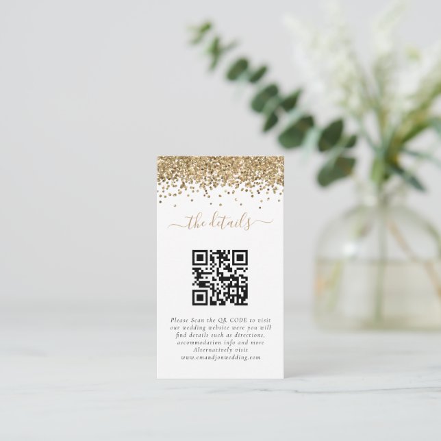 Cartão De Informações Detalhes do Casamento com Código QR Glitter Dourad (Em pé/Frente)
