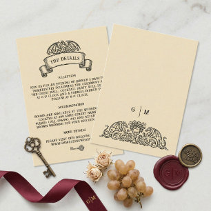 Cartão De Informações Detalhes do Casamento com Emblema do Dragão Vintag