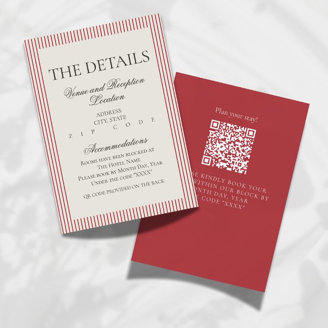 Cartão De Informações Detalhes do Casamento com Faixa Vermelha e Letra O (Formally invite guests to your big day with this Old Money Script Thin Stripe Wedding Details Card!)