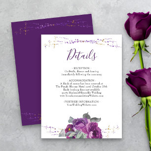 Cartão De Informações Detalhes do Casamento com Flores Roxas e Confetes
