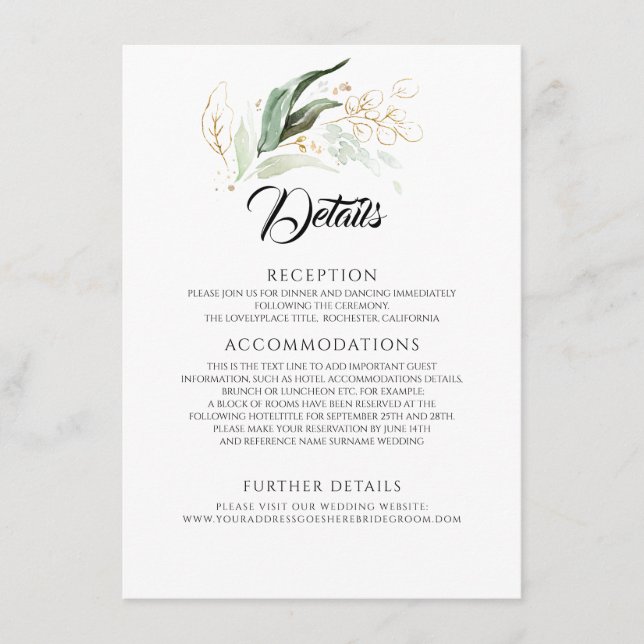 Cartão De Informações Detalhes do Casamento com Folhas de Ouro e Verde d (Frente)