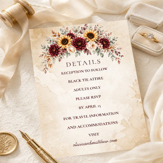 Cartão De Informações Detalhes do Casamento com Girassóis do Outono em B