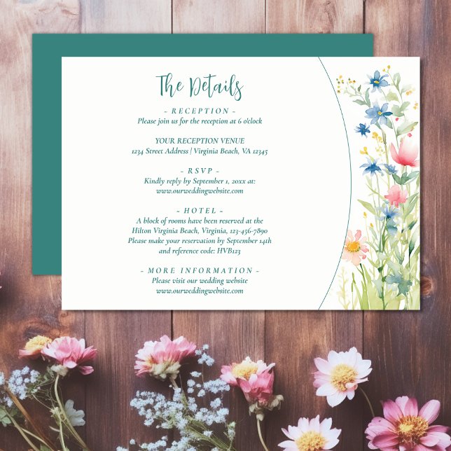 Cartão De Informações Detalhes do Casamento com Margaridas em Aquarela (Pretty Watercolor Wildflowers Wedding Details Enclosure Card)