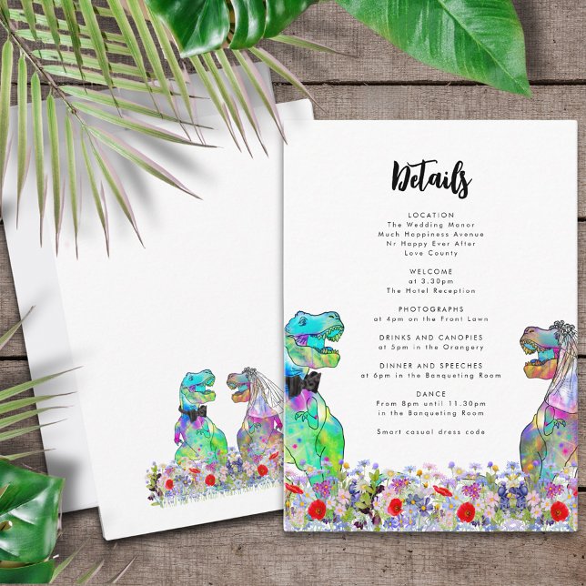 Cartão De Informações Detalhes Do Casamento Com O Dinossauro (T-Rex bride and groom with colorful wildflowers dinosaur wedding invitation details enclosure card)