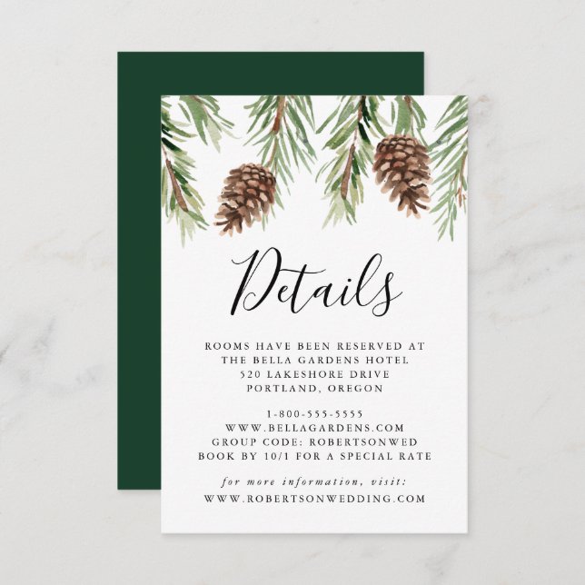Cartão De Informações Detalhes do Casamento com Pinecone da Aquarela de  (Frente/Verso)