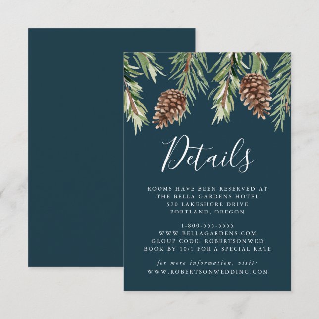Cartão De Informações Detalhes do Casamento com Pinecone da Aquarela de  (Frente/Verso)