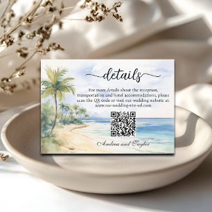 Cartão De Informações Detalhes do Casamento com QR Code de Praia e Palme