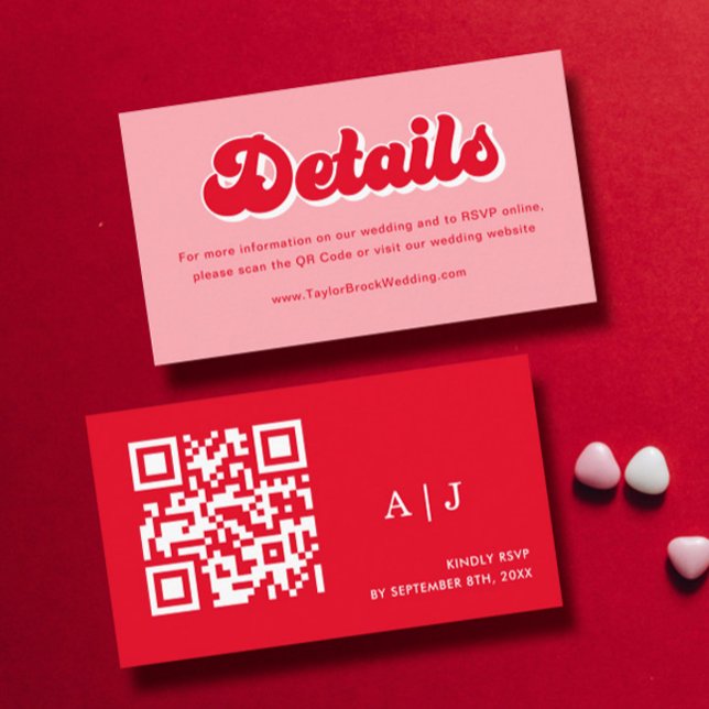 Cartão De Informações Detalhes do Casamento com Retros Rosa e Vermelho (Criador carregado)