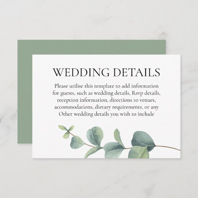 Cartão De Informações Detalhes do Casamento com Verde de Eucalipto (Frente/Verso)