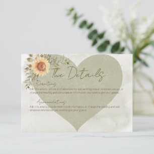 Cartão De Informações Detalhes do Casamento Coração de Boho com Girassói