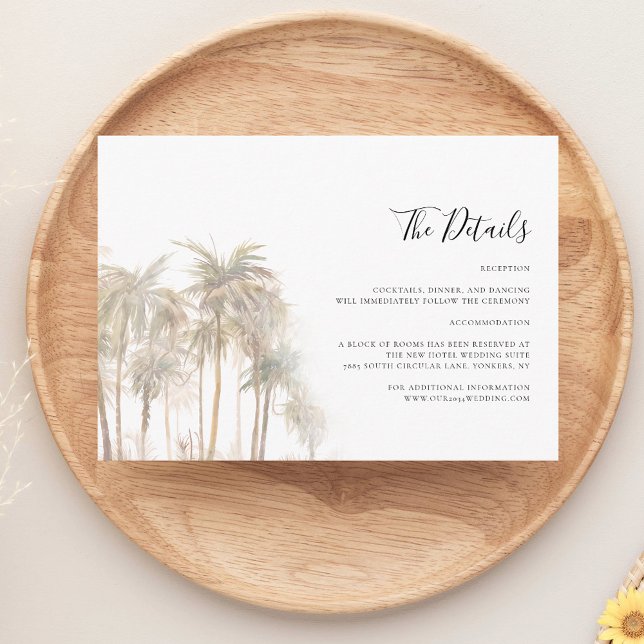 Cartão De Informações Detalhes do Casamento Costeiro de Palm Tree (Watercolor Palm Trees Modern Wedding Details Card)