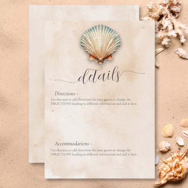 Cartão De Informações Detalhes do Casamento da Areia Costeira Moderna (Modern Coastal Seashell Sand Wedding Details Enclosure Card)