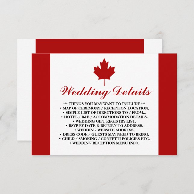 Cartão De Informações Detalhes do Casamento da Bandeira Canadense (Frente/Verso)