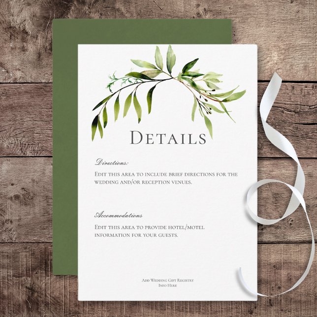 Cartão De Informações Detalhes do Casamento da Bough Greenery Botânica R (Rustic Botanical Greenery Bough Wedding Details Card)