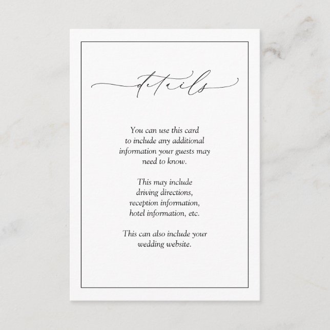 Cartão De Informações Detalhes do Casamento da Caligrafia Branca e Preta (Frente)