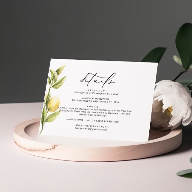 Cartão De Informações Detalhes do Casamento da Caligrafia Lemon Sorrento (Criador carregado)