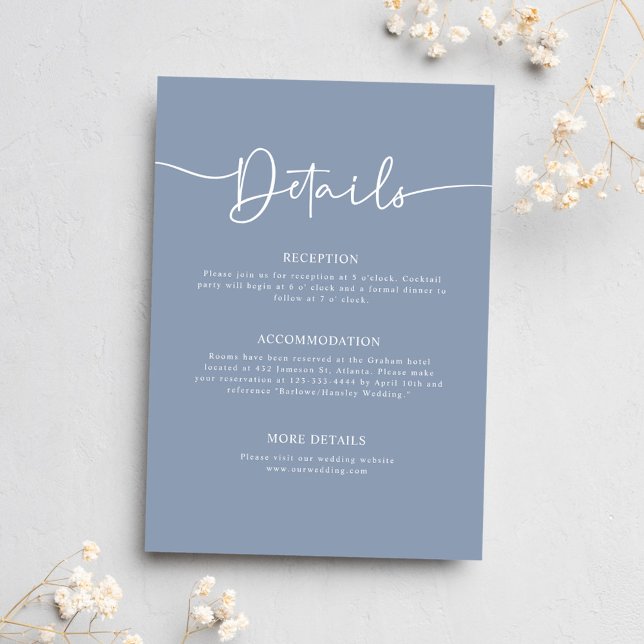 Cartão De Informações Detalhes do Casamento da Caligrafia Mínima Dusty B (Dusty Blue Minimal Calligraphy Wedding Details Enclosure Card)