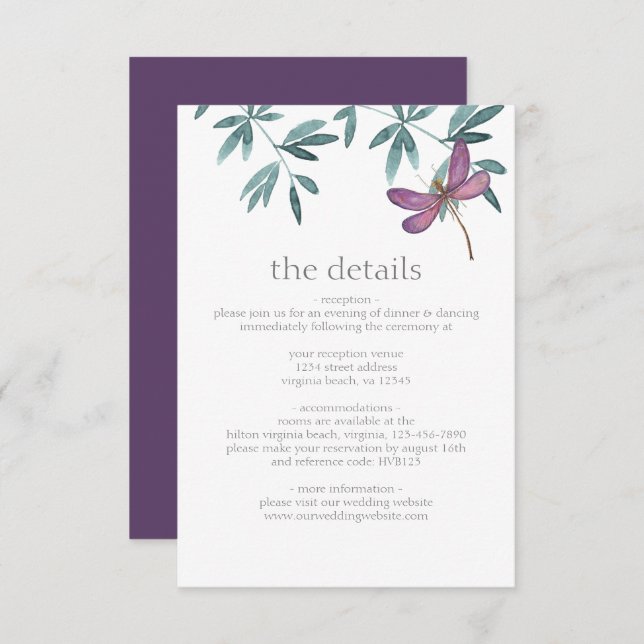 Cartão De Informações Detalhes do Casamento da Dragonfly Moderna Simples (Frente/Verso)