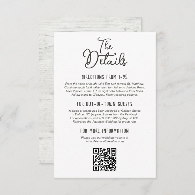 Cartão De Informações Detalhes do Casamento da Fazenda de Madeira da Rús (Frente/Verso)