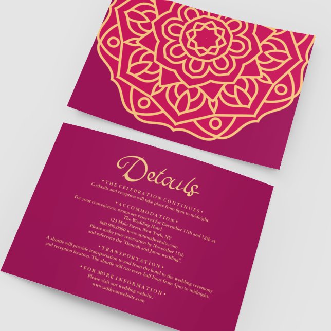 Cartão De Informações Detalhes do Casamento da Índia Dourada Magenta Man (Gold Magenta Mandala Indian Wedding Details Enclosure Card
)